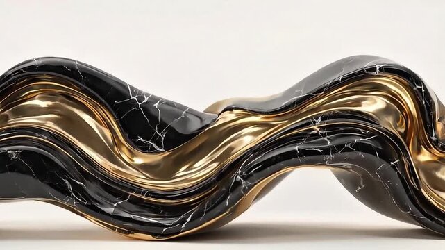 Abstract Wave Shape with Black Marble and Polished Gold Texture
