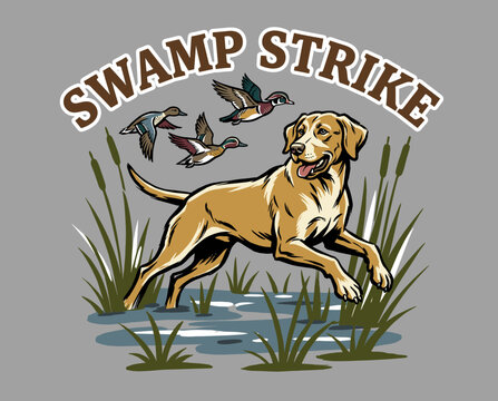 Labrador Retriever hunting dog illustration. Duck hunting vector graphic. Swamp strike outdoor sports apparel design. Waterfowl retriever art.