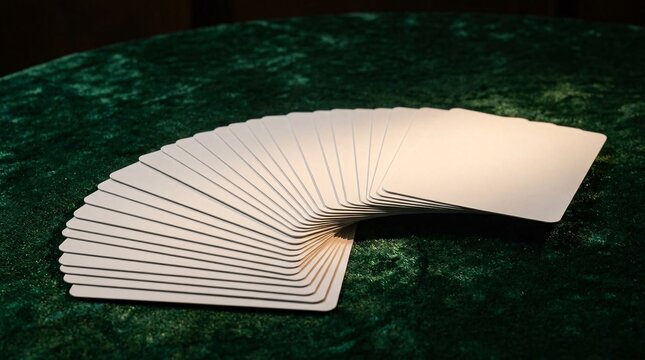 A fan of blank white cards mockup on a dark green velvet table for custom playing card, tarot, or board game design presentation