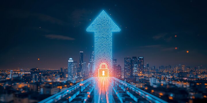 Digital security concept with glowing padlock icon and upward arrow over modern city skyline at night