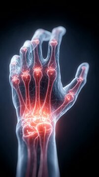 3D medical illustration of human hand skeleton with glowing red joints indicating inflammation and arthritis, resembling a digital X-ray on dark background. vertical video