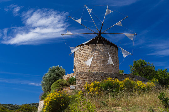 Historic stone windmills of Anemonas in Chios island, Greece