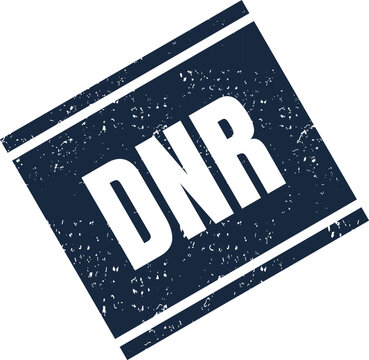 Dark blue square grunge rubber stamp displaying the medical abbreviation DNR for hospital patient document marking