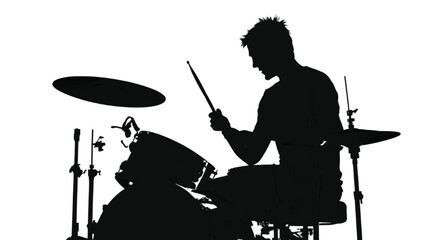 Fototapeta premium Silhouette of a musician playing drums kit isolated on white background