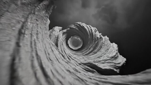 Abstract grayscale tunnel vortex spiraling inward with textured stone walls and bright light at the end