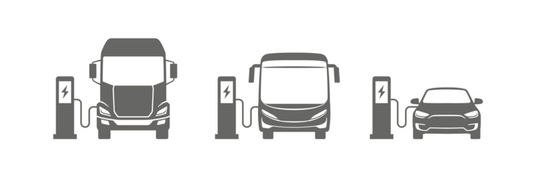 Electric vehicle charging station for cars, buses, and trucks. Vector illustration.
