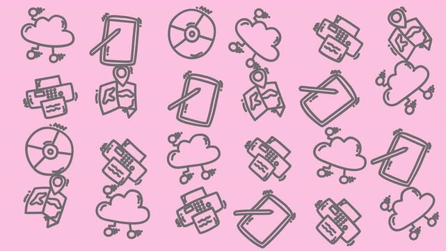 Hand-drawn tech icons float on cloud shapes. Sketchy style shows gadgets, devices, and network symbols. Design fits digital or cloud-based themes. Perfect for web, app, or software interfaces