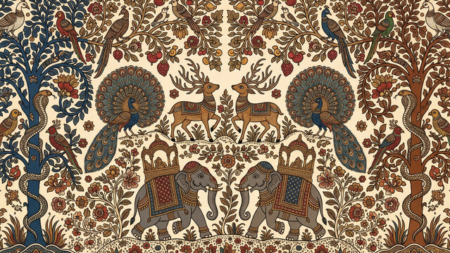 Traditional Kalamkari pen-drawn textile art showing mythological forest with sacred deer peacocks elephants and serpents in indigo blue tamarind brown pomegranate red and turmeric yellow