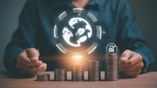 A person interacting with an abstract global economy icon and financial growth vector, illustrating digital investment strategies and sustainable economic development