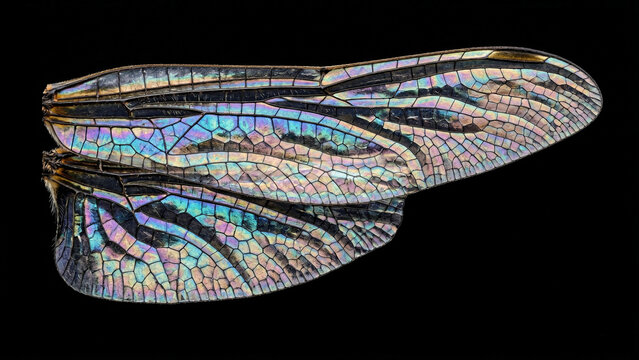 Single dragonfly wing extreme macro on pure black background showing complete venation network iridescent membrane structural colour zones electric blue teal gold violet rose pterostigma