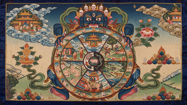 Traditional Tibetan Thangka painting Bhavachakra wheel of life with six realms symbolic cosmic deity holder lapis blue malachite green cinnabar red orpiment gold mineral pigment colours