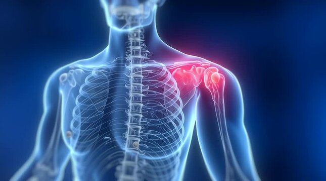 3D medical illustration of human shoulder anatomy with glowing red inflammation indicating joint pain and arthritis in the upper body skeletal structure. horizontal video