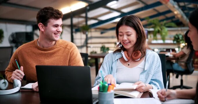 Laptop, study and books with people in college for research, tutor session and education project. Assignment, university and knowledge with students on campus for class schedule and exam portal