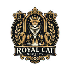 Obraz premium Royal cat society logo with crowned cat on throne, gold and black