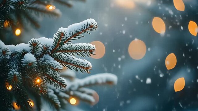 Festive holiday icon vector illustration of a snow-covered fir tree branch with bokeh lights in a winter forest