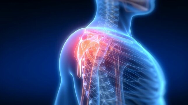 3D medical illustration of human shoulder pain and inflammation, highlighting skeletal structure, spine, and ribs with a glowing red joint on blue background. horizontal video