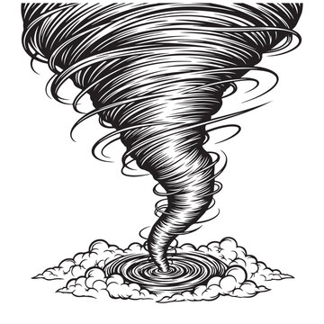 Black and white vector illustration of a swirling tornado funnel cloud and wind vortex in vintage line art style