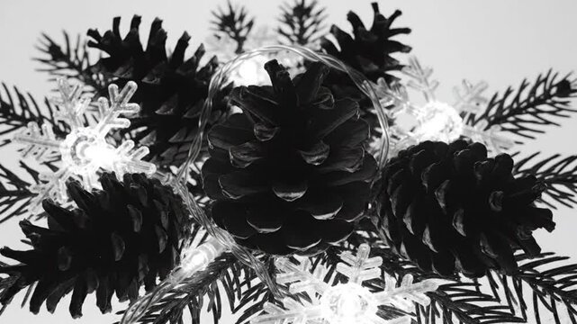 Black and white close up of pine cones and snowflake Christmas decoration illuminated with string lights