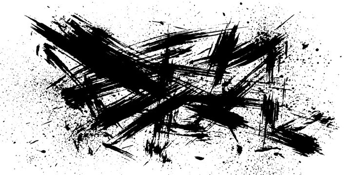 Abstract black ink brush strokes with splatters create a dynamic and chaotic visual texture, conveying raw energy and artistic expression.