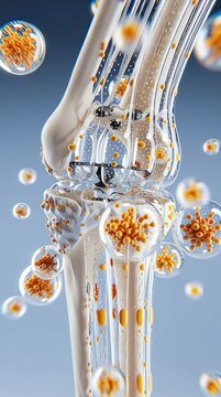 3D medical illustration of a human knee joint with transparent tissue revealing white bones and orange cellular clusters representing inflammation or infection. vertical video
