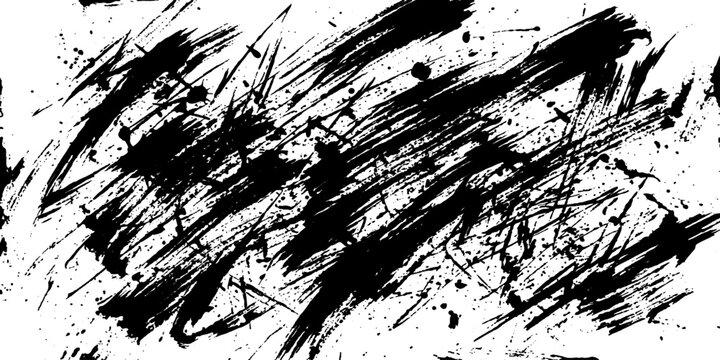 Abstract chaotic black ink splatters and brush strokes create a dynamic, energetic pattern on a white background, suggesting raw artistic expression and unrestrained creativity.
