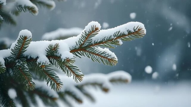 Snow-covered evergreen branch with falling flakes, a beautiful winter concept inspiring a seasonal vector icon or graphic. Serene nature's magic captured