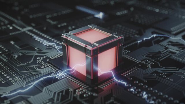 Close-up of a glowing cube on a circuit board, representing a powerful processor or energy source.