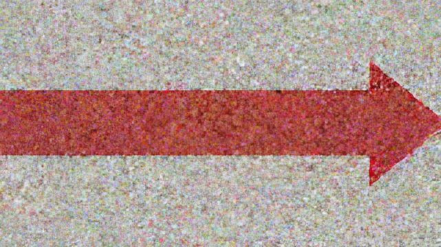 A bright red arrow painted on a textured grey surface, pointing to the right.