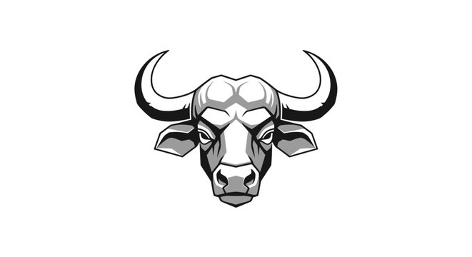 Bull head with large curved horns.