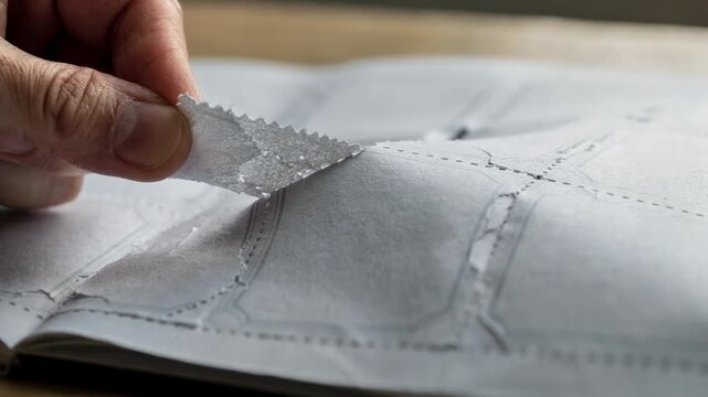Medium shot focusing on a hand separating a coarsely microperforated coupon from a manual emphasizing durable and easytear segments for reusable vouchers
