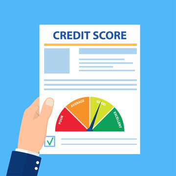 Credit score, gauge. hand Holding paper sheet chart of personal credit score information, person data report form. Credit history and rating. Vector illustration in flat style