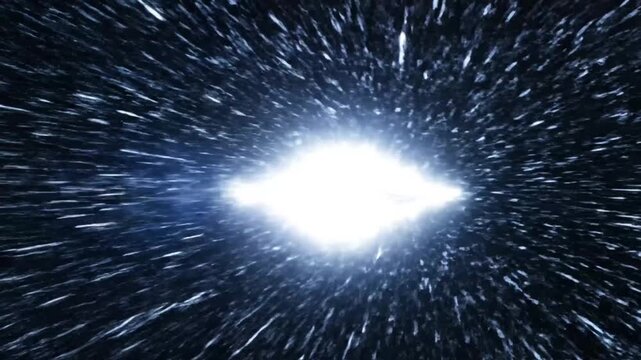 Abstract representation of a wormhole or hyperspace travel with a bright light at the center and streaks of light radiating outwards.
