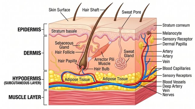 Detailed diagram of human skin layers showing hair follicle and sweat gland