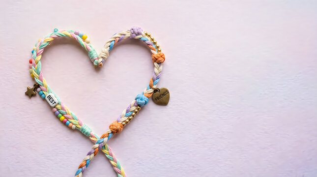 Colorful braided heart shaped friendship bracelet on pink background