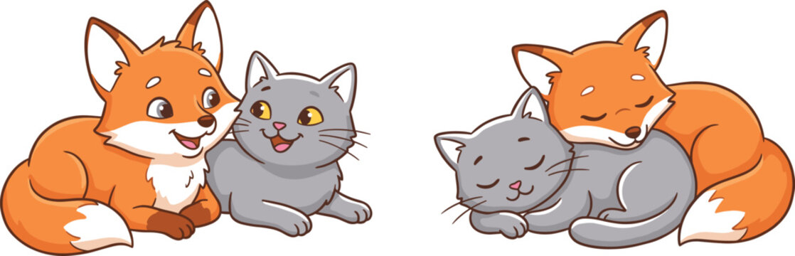 Cute Cartoon Fox and Cat Friend Vector Set with Adorable Wild and Domestic Animal Characters Cuddling and Sleeping for Kids Stickers and Nursery Decor