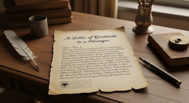 Parchment scroll lies on a wooden desk accompanied by a quill pen and a stack of leather bound books.