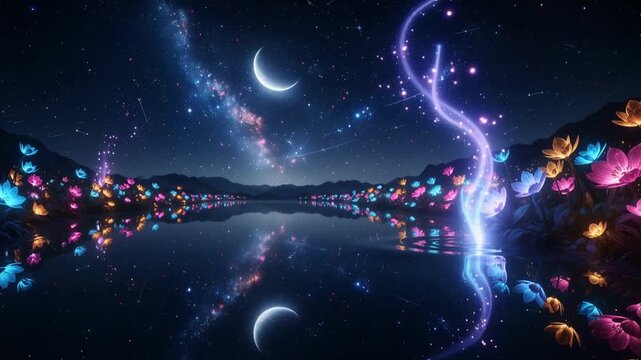 Enchanted nocturnal lagoon with luminous flowers and celestial glow
