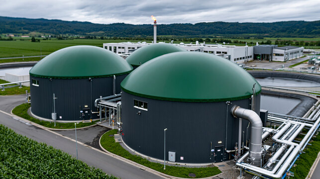 Photorealistic aerial drone view of a modern biogas installation with large green domed anaerobic digesters beside a European pig farm complex, manure management lagoon and gas fla