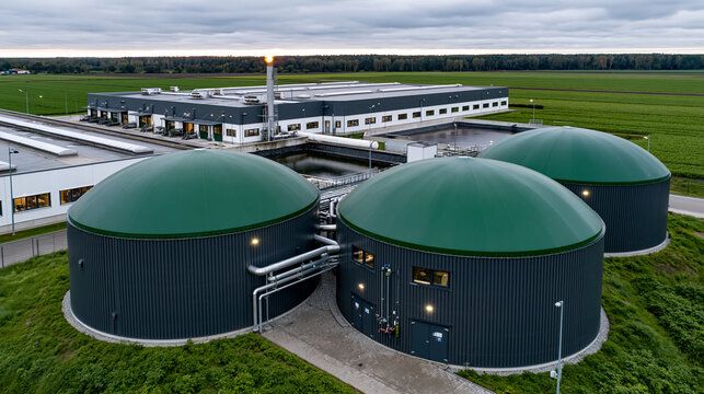 Photorealistic aerial drone view of a modern biogas installation with large green domed anaerobic digesters beside a European pig farm complex, manure management lagoon and gas fla