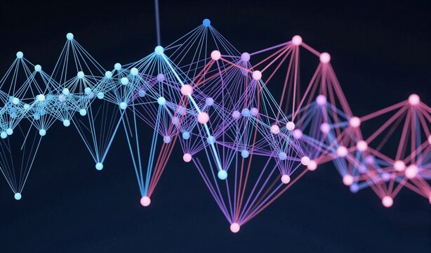 Abstract glowing network of interconnected nodes in vibrant blue and pink hues against a dark background, symbolizing digital connectivity and data flow.