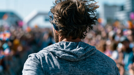 Fototapeta premium A professional stock photo from behind a barrier, capturing an amateur runner crossing under a minimalist white start-finish arch, wall of blurred cheering spectators with small ge