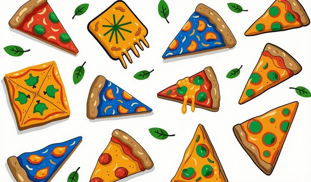 Vibrant cartoon pizza slices with colorful toppings and green leaves scattered across a clean white background.
