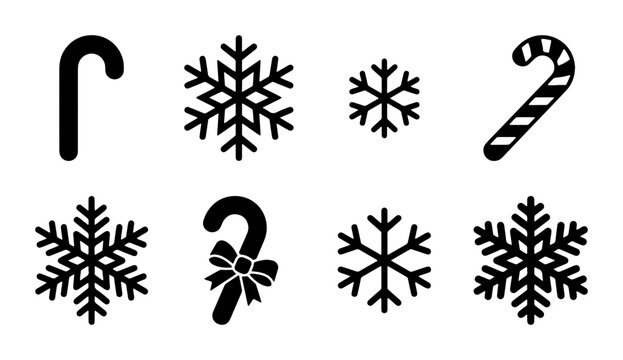 Christmas Candy Cane and Snowflake Icons, Festive Winter Holiday Vector Elements, Black and White Seasonal Symbols for Design