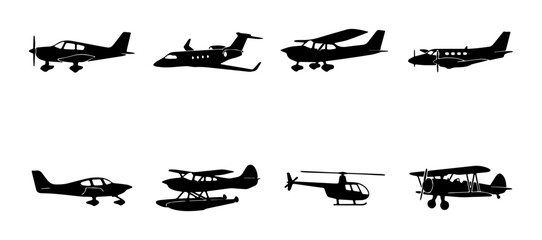 Diverse Aircraft Silhouettes: Small Planes, Jets, Helicopters, Seaplanes, Biplanes Collection © fr