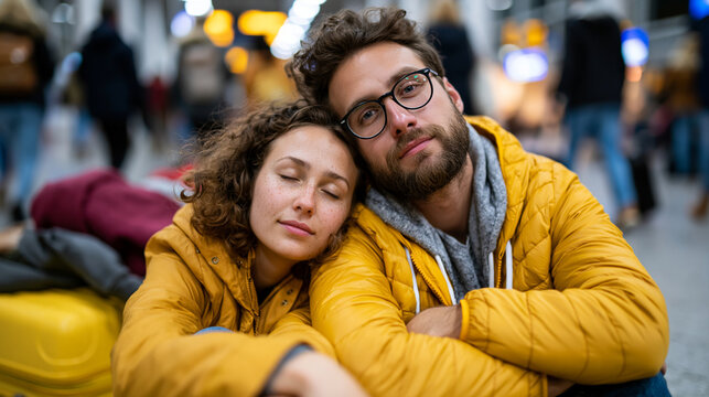 A young couple sitting exhausted on the floor of a busy airport terminal after a missed connection, luggage piled beside them, one partner resting head on the other's shoulder, oth