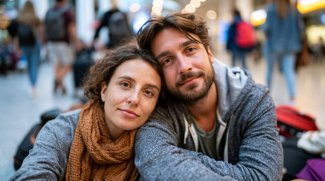 A young couple sitting exhausted on the floor of a busy airport terminal after a missed connection, luggage piled beside them, one partner resting head on the other's shoulder, oth