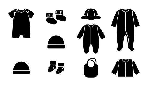Baby Clothing Icons Set, Newborn Essentials Vector Graphics, Infant Apparel Collection, Toddler Wear Silhouettes