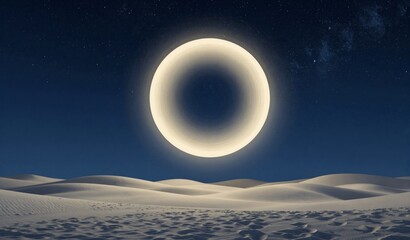 Obraz premium Ethereal glowing ring suspended over serene desert dunes under a starry night sky.
