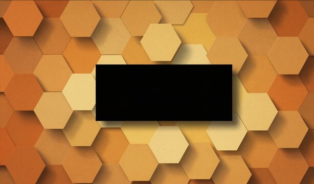 Abstract geometric background with layered orange and beige hexagons and a central black rectangle for design overlays.