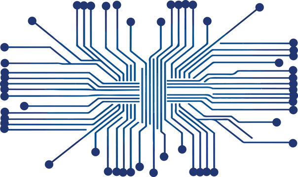 technology Top-Down Microchip Illustration With Circuit Traces Radiating From Central Processor Chip On White Background.